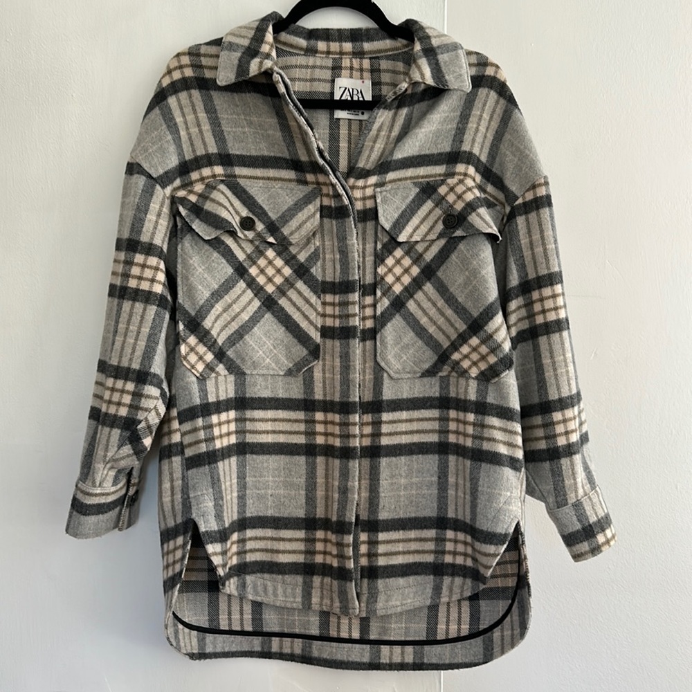 Zara Flannel Fleece Knit Sweater Jacket, Gray and Cream Flannel Jacket